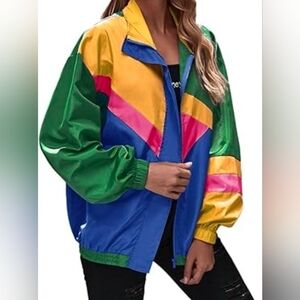 Retro 90s Small Colorblock Chevron Windbreaker Jacket – Neon Multi-Color - Small